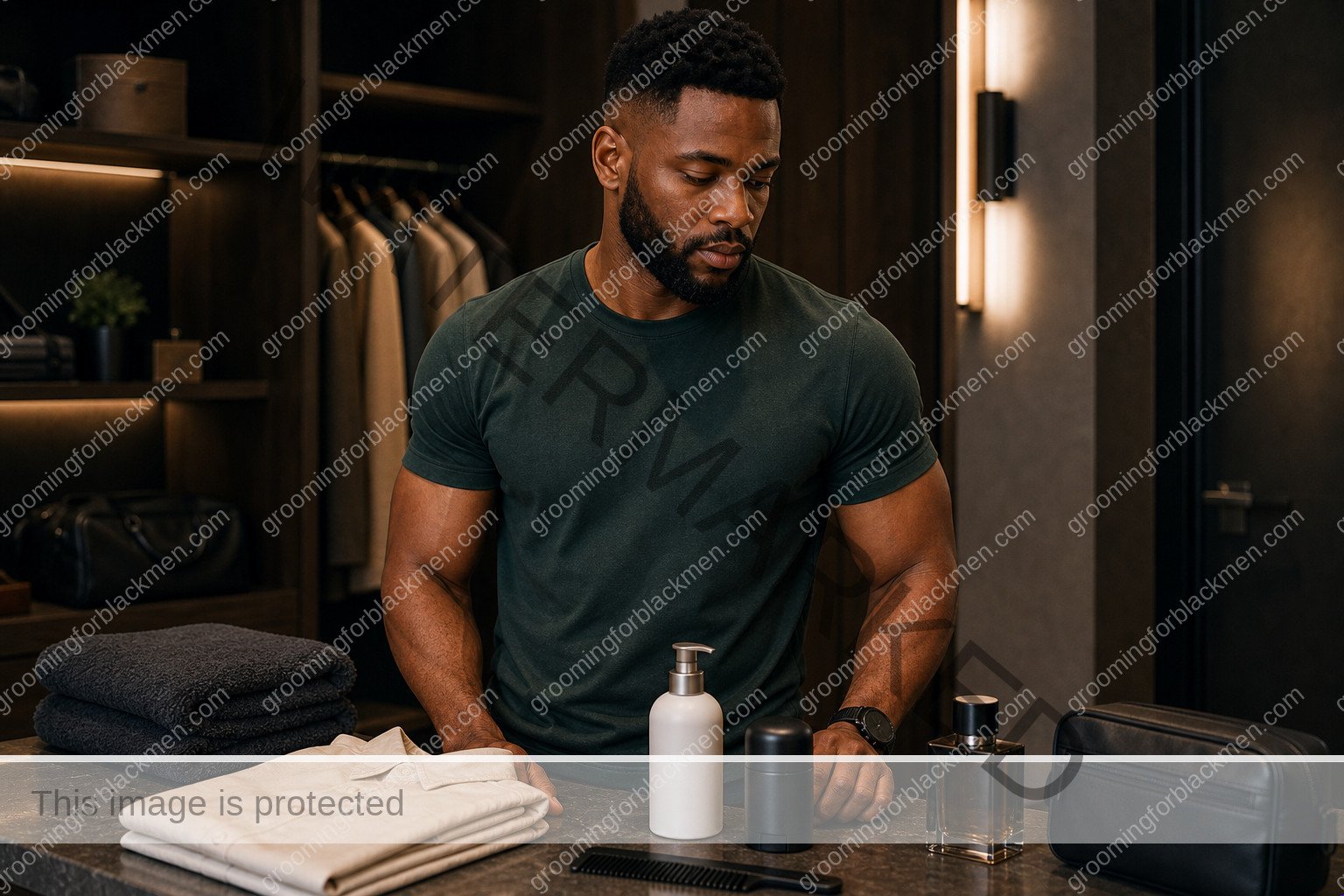 Black man organizing grooming products and tools before a fragrance layering routine