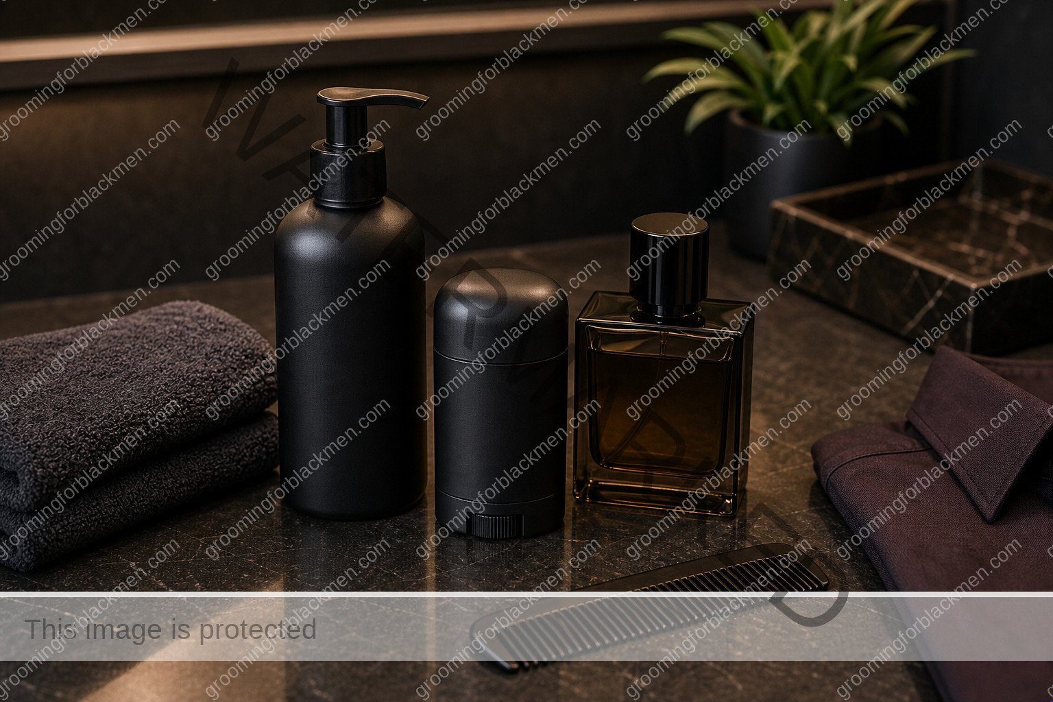 Grooming tools and product categories for Black men arranged for fragrance layering