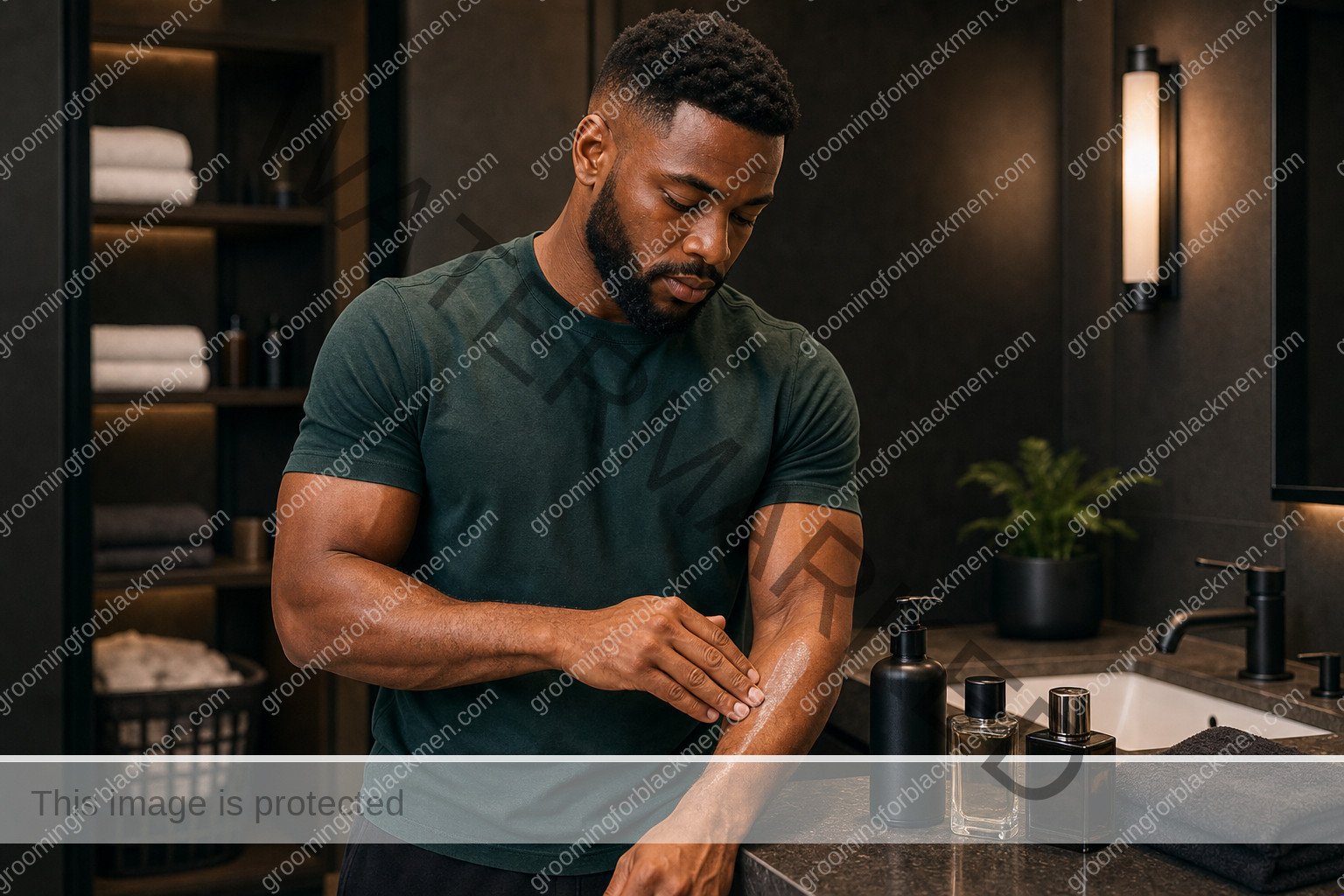 Black man using a realistic fragrance layering grooming step with careful technique