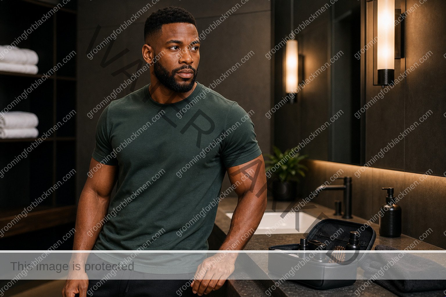 Black man preparing a gym grooming routine in a clean masculine grooming space