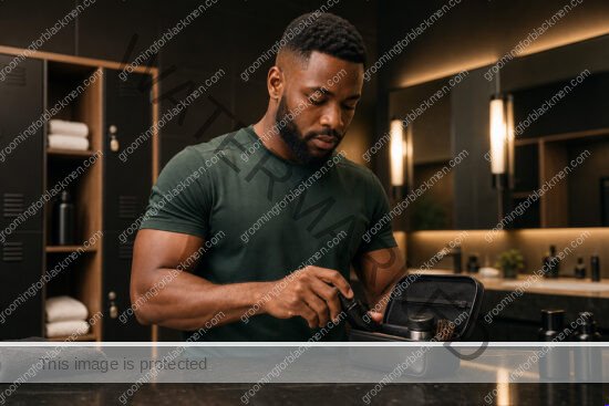 Black man with rich brown skin in a premium grooming setting for gym grooming for black men practical grooming guide