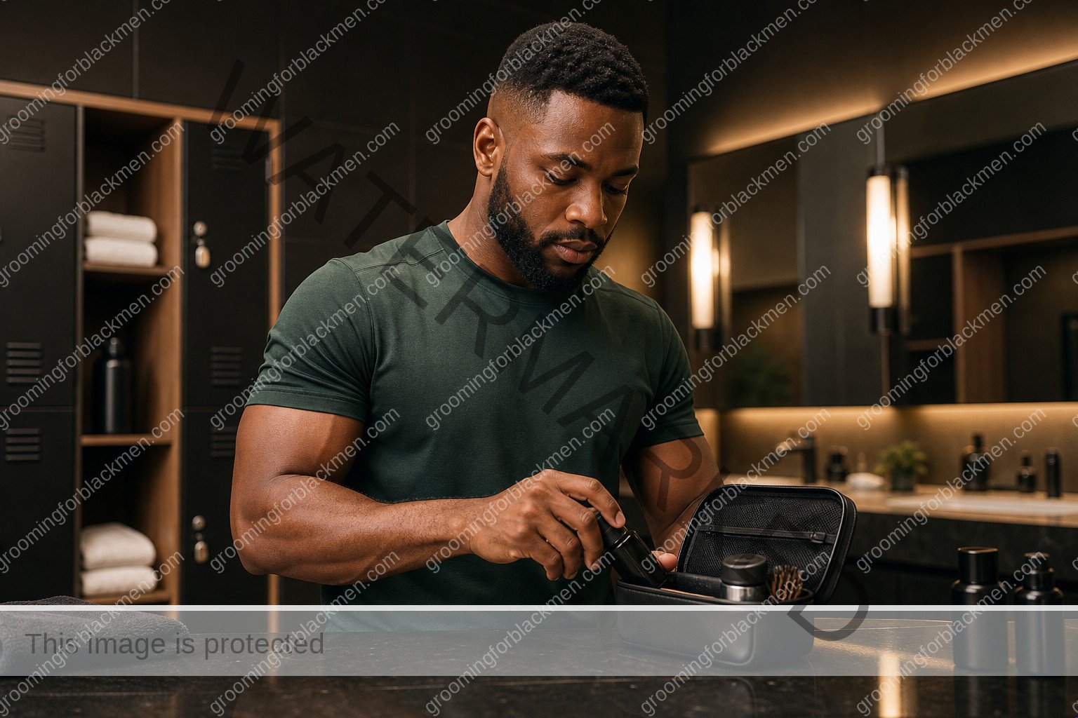 Black man with rich brown skin in a premium grooming setting for gym grooming for black men practical grooming guide