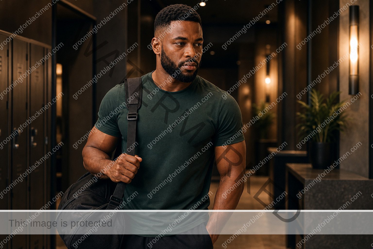 Black man with a clean finished gym grooming routine and realistic skin texture