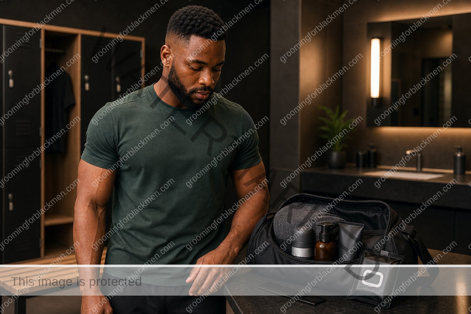 Black man organizing grooming products and tools before a gym grooming routine