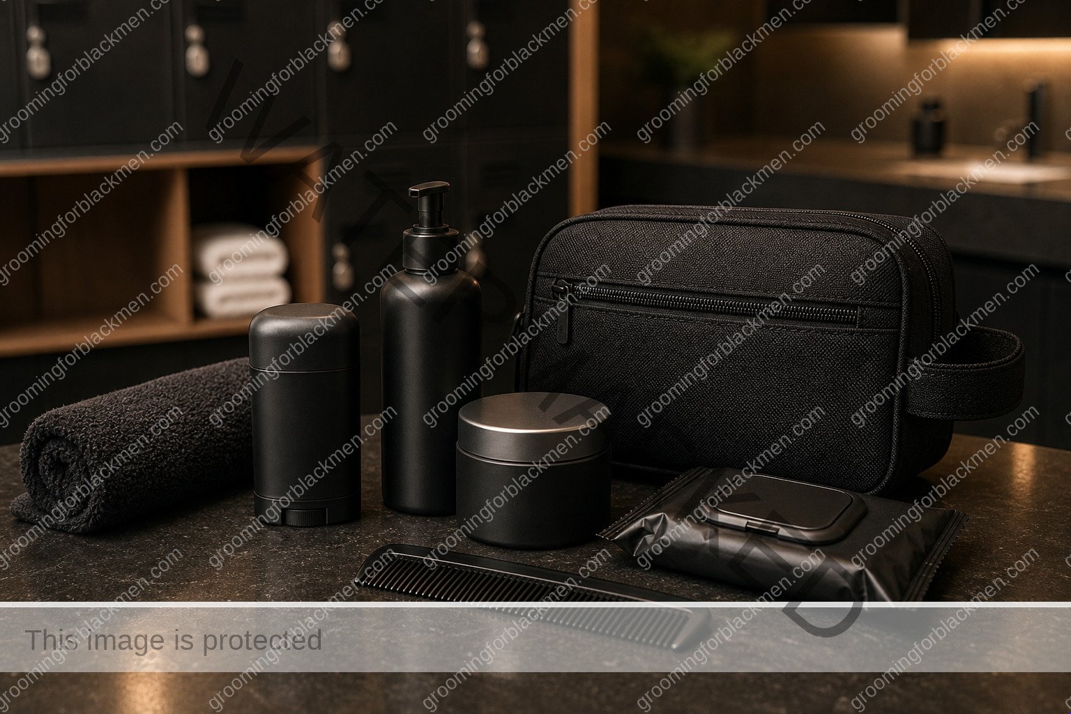Grooming tools and product categories for Black men arranged for gym grooming