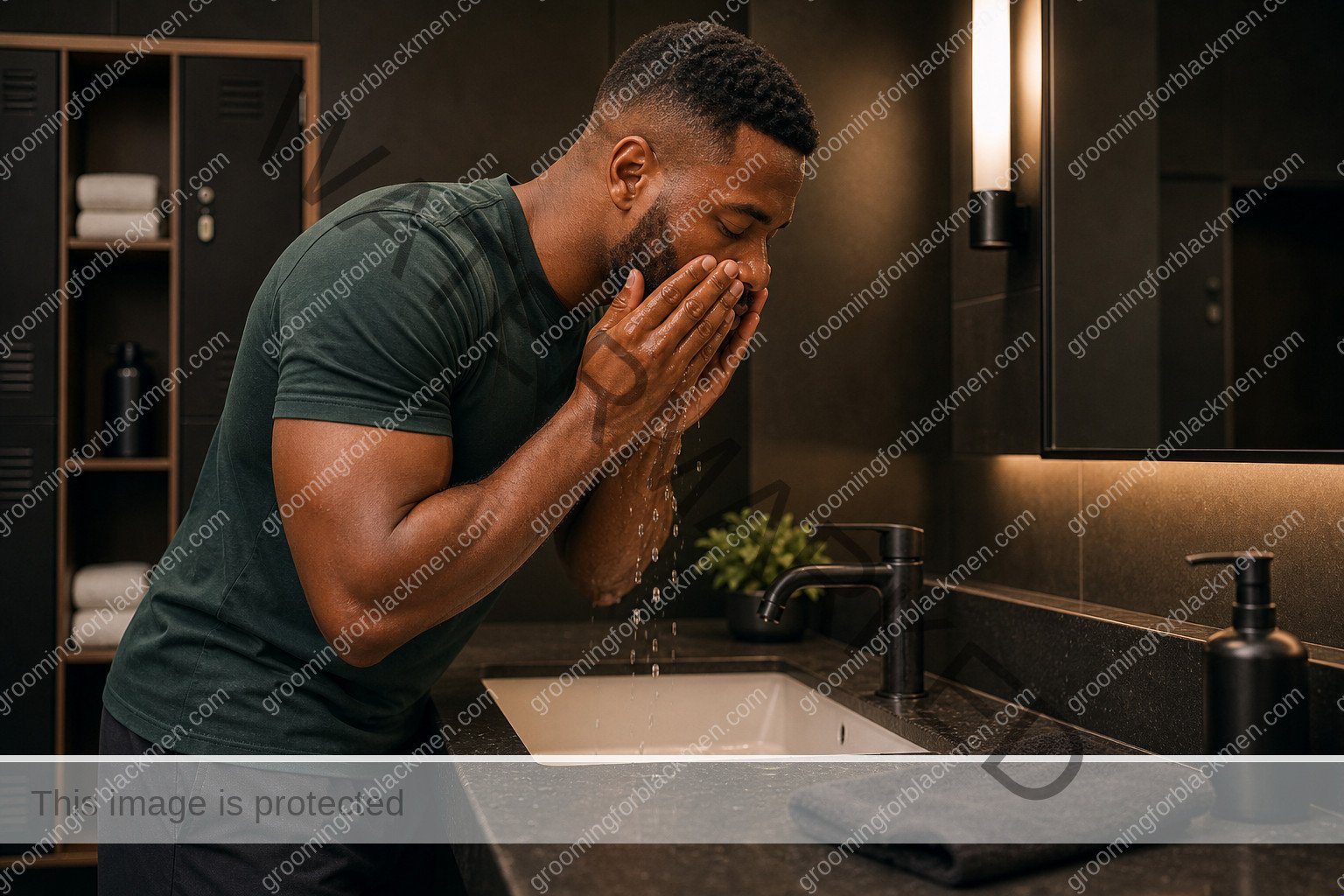Black man using a realistic gym grooming grooming step with careful technique