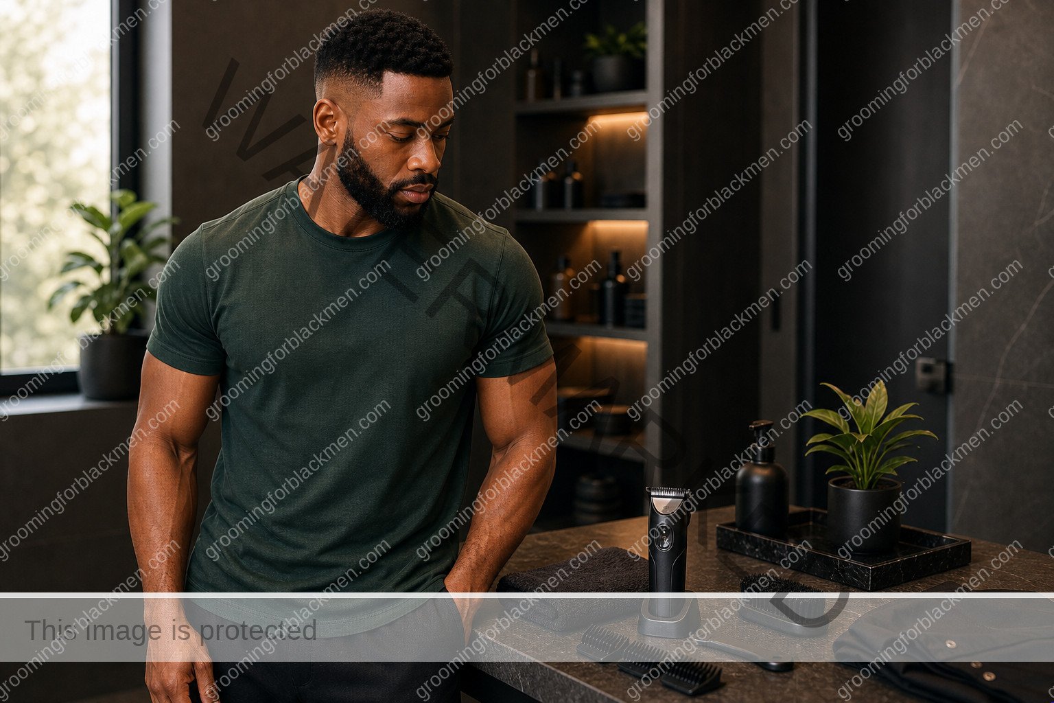 Black man preparing a haircut maintenance routine in a clean masculine grooming space