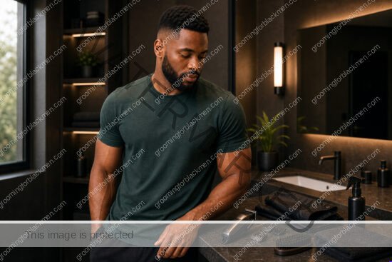Black man with rich brown skin in a premium grooming setting for haircut maintenance for black men practical grooming guide