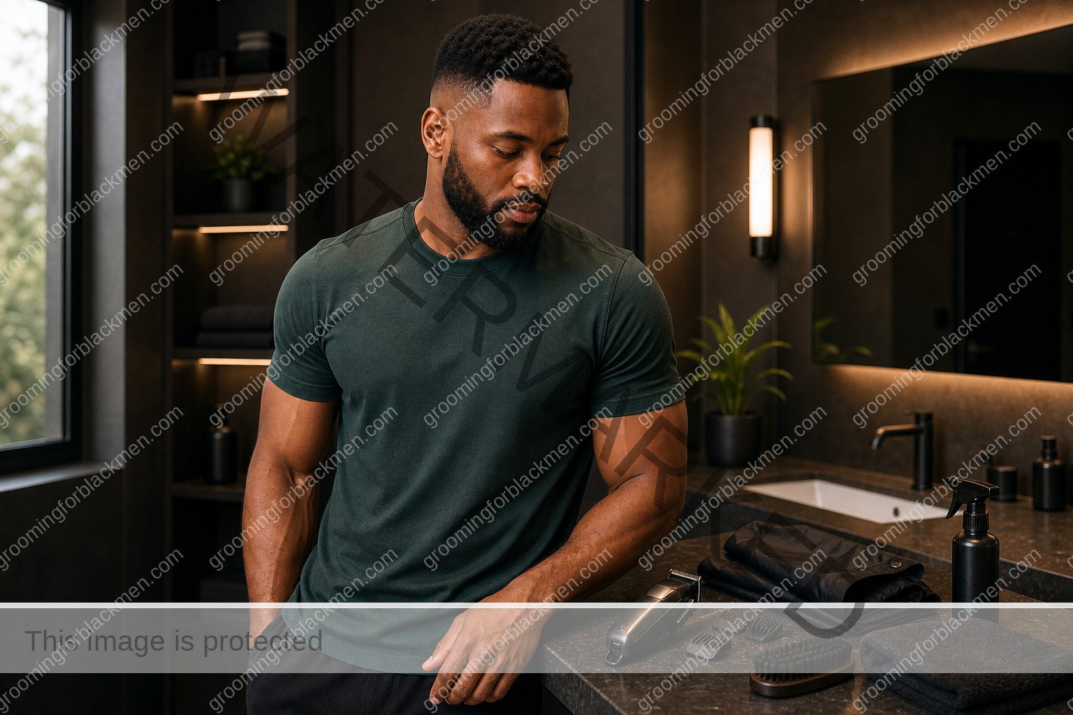 Black man with rich brown skin in a premium grooming setting for haircut maintenance for black men practical grooming guide