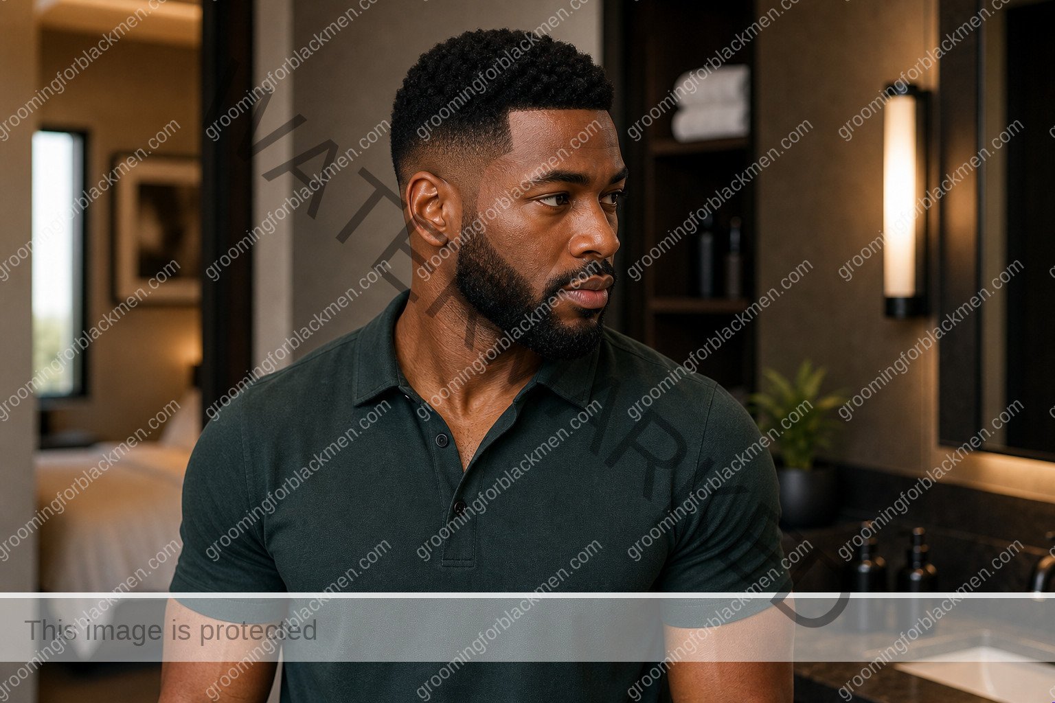 Black man with a clean finished haircut maintenance routine and realistic skin texture