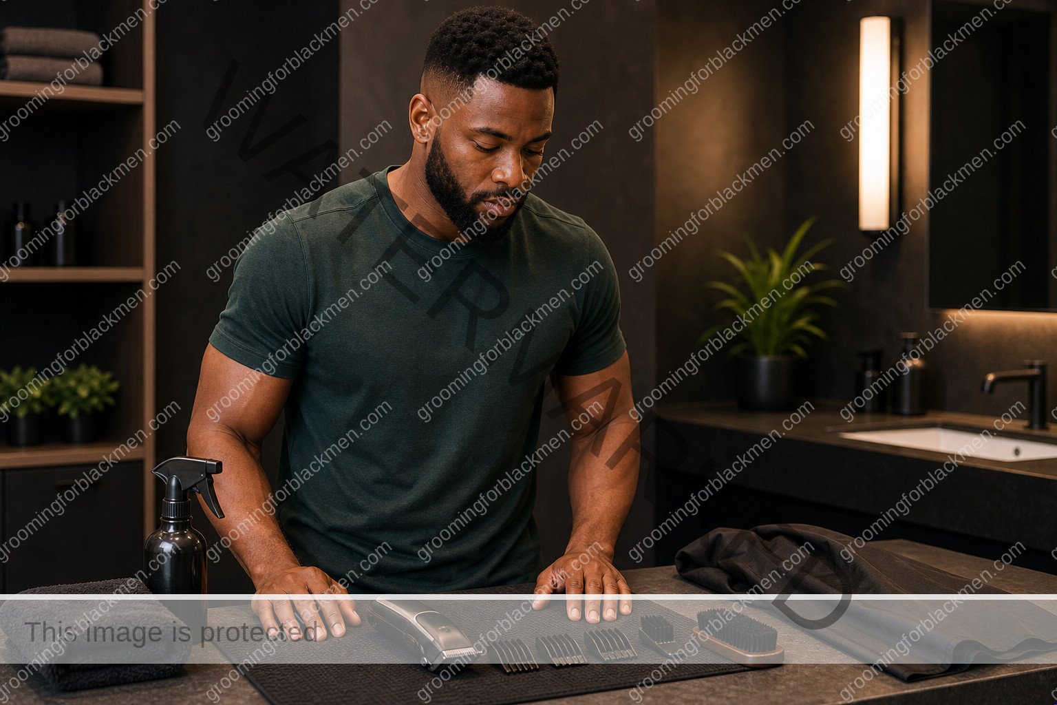 Black man organizing grooming products and tools before a haircut maintenance routine