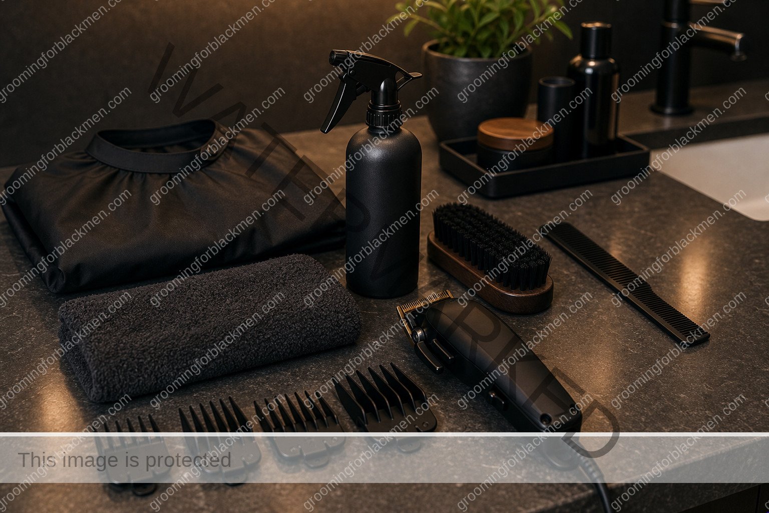 Grooming tools and product categories for Black men arranged for haircut maintenance