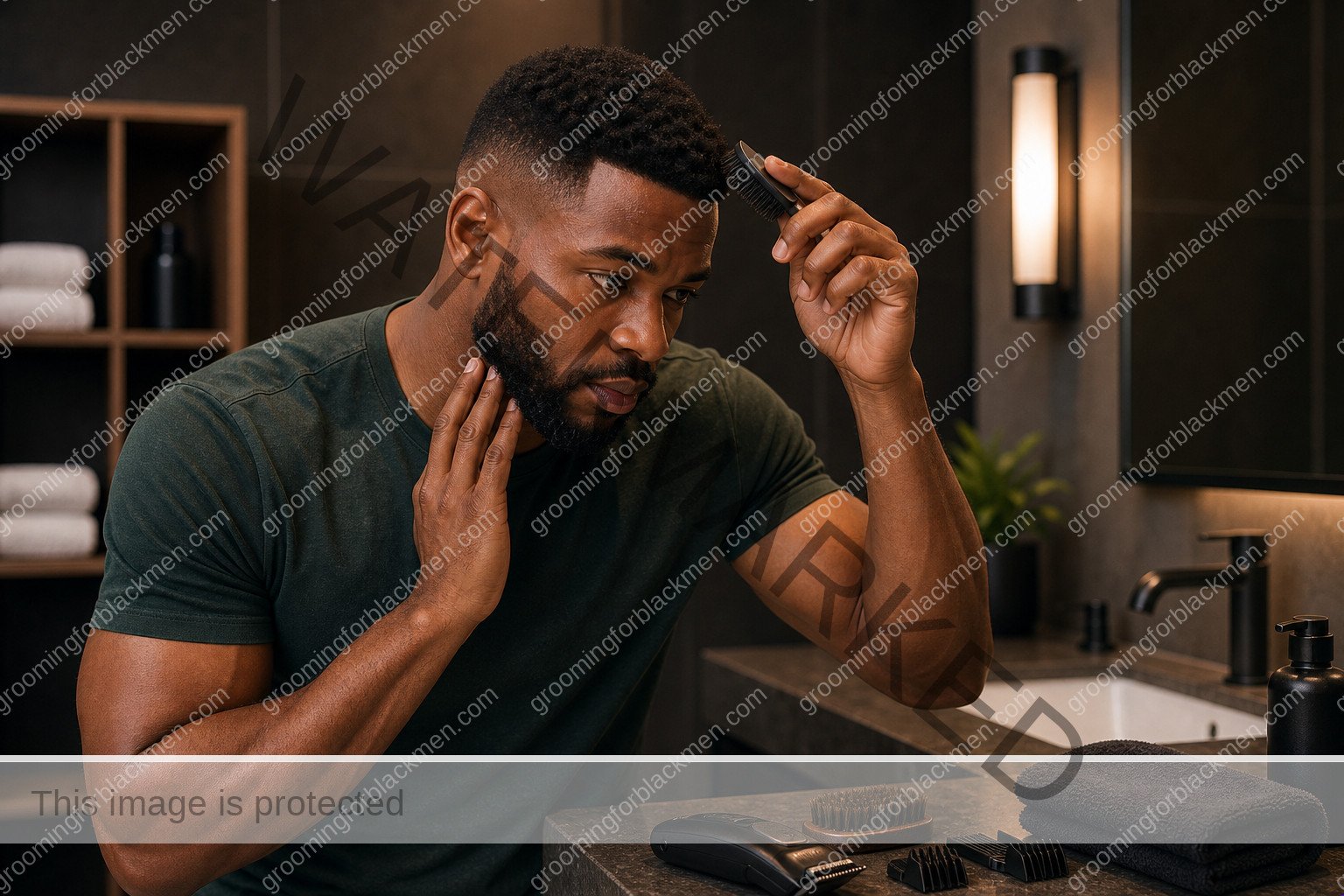 Black man using a realistic haircut maintenance grooming step with careful technique