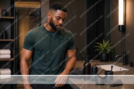 Black man with rich brown skin in a premium grooming setting for hygiene tips for black men practical grooming guide
