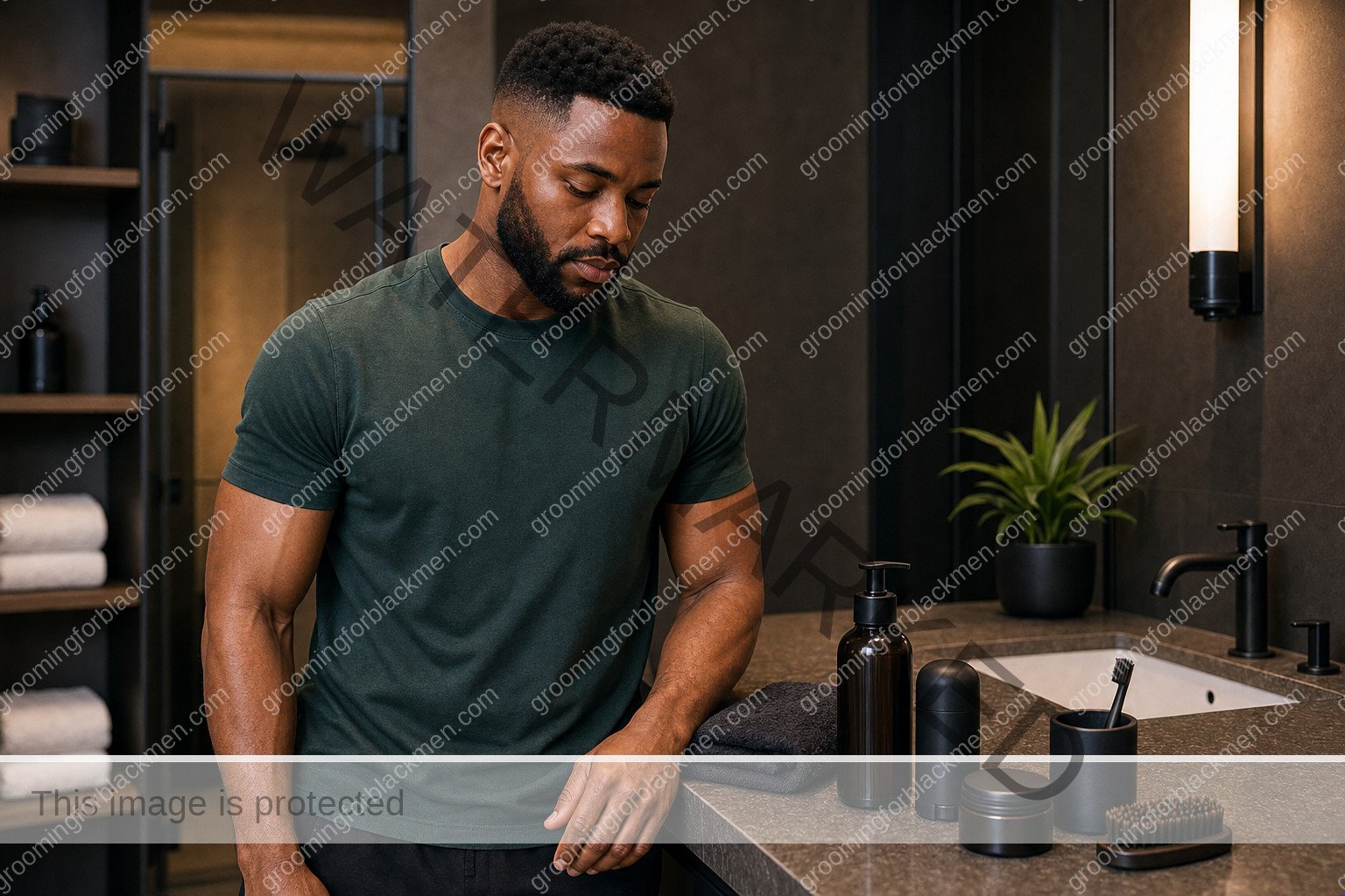 Black man with rich brown skin in a premium grooming setting for hygiene tips for black men practical grooming guide