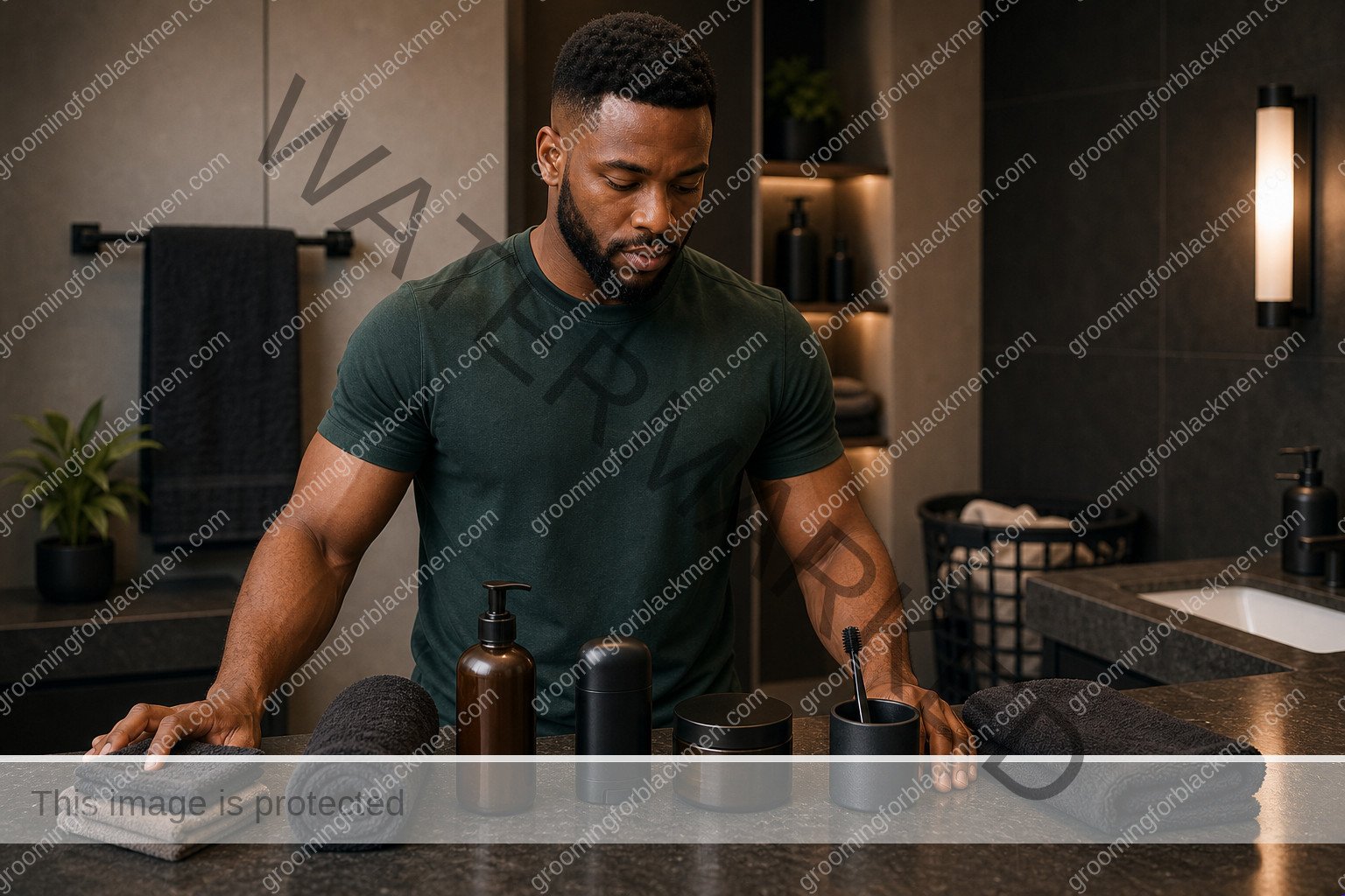 Black man organizing grooming products and tools before a hygiene tips routine