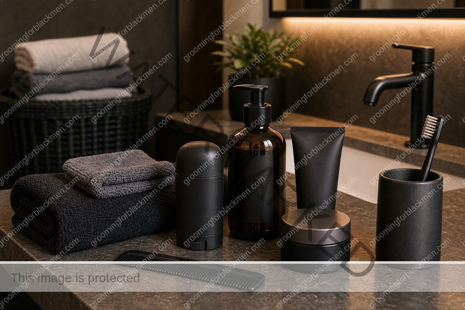 Grooming tools and product categories for Black men arranged for hygiene tips