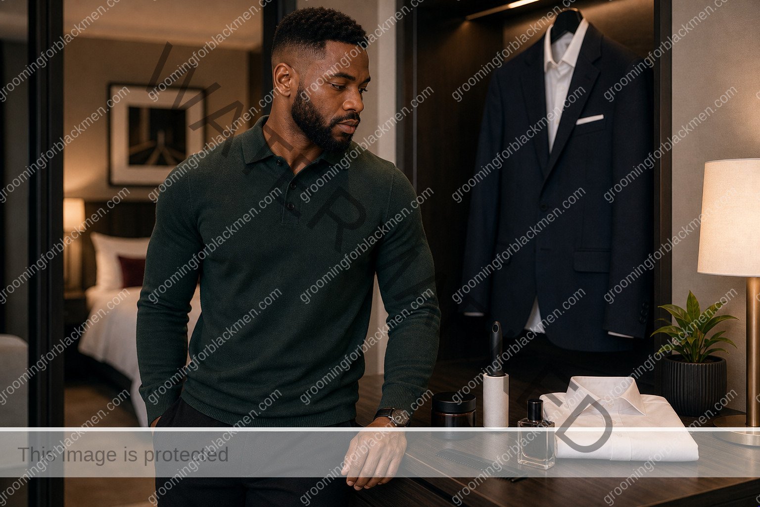Black man preparing a interview grooming routine in a clean masculine grooming space