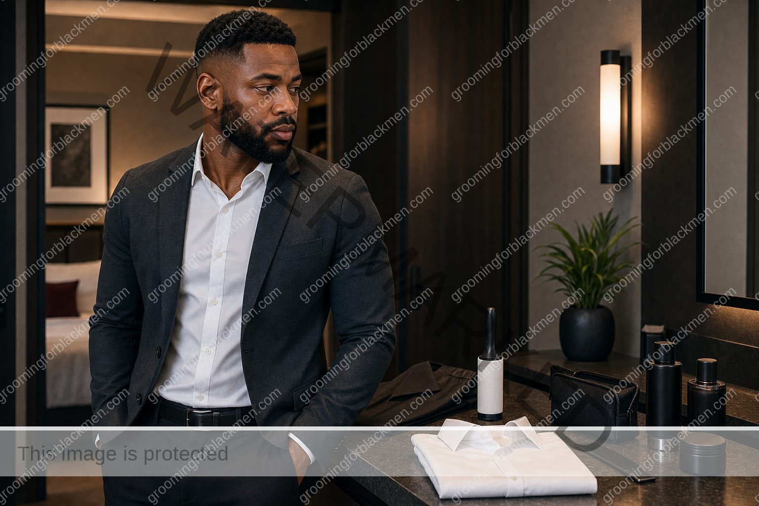 Black man with rich brown skin in a premium grooming setting for interview grooming for black men practical grooming guide
