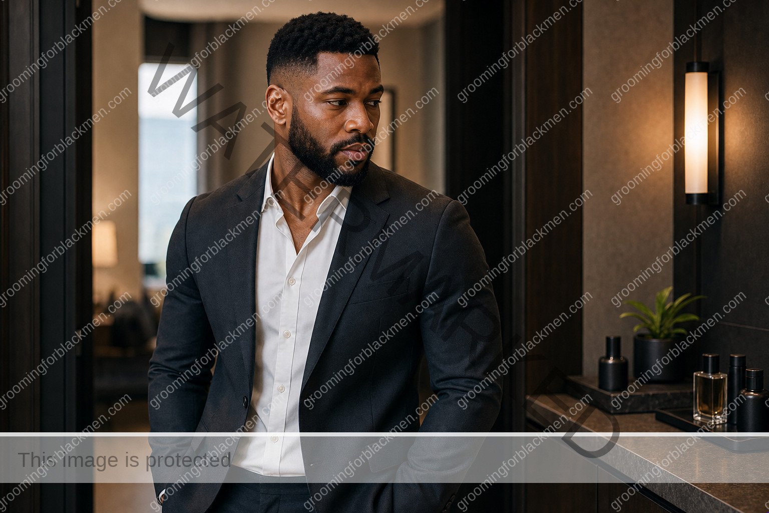 Black man with a clean finished interview grooming routine and realistic skin texture