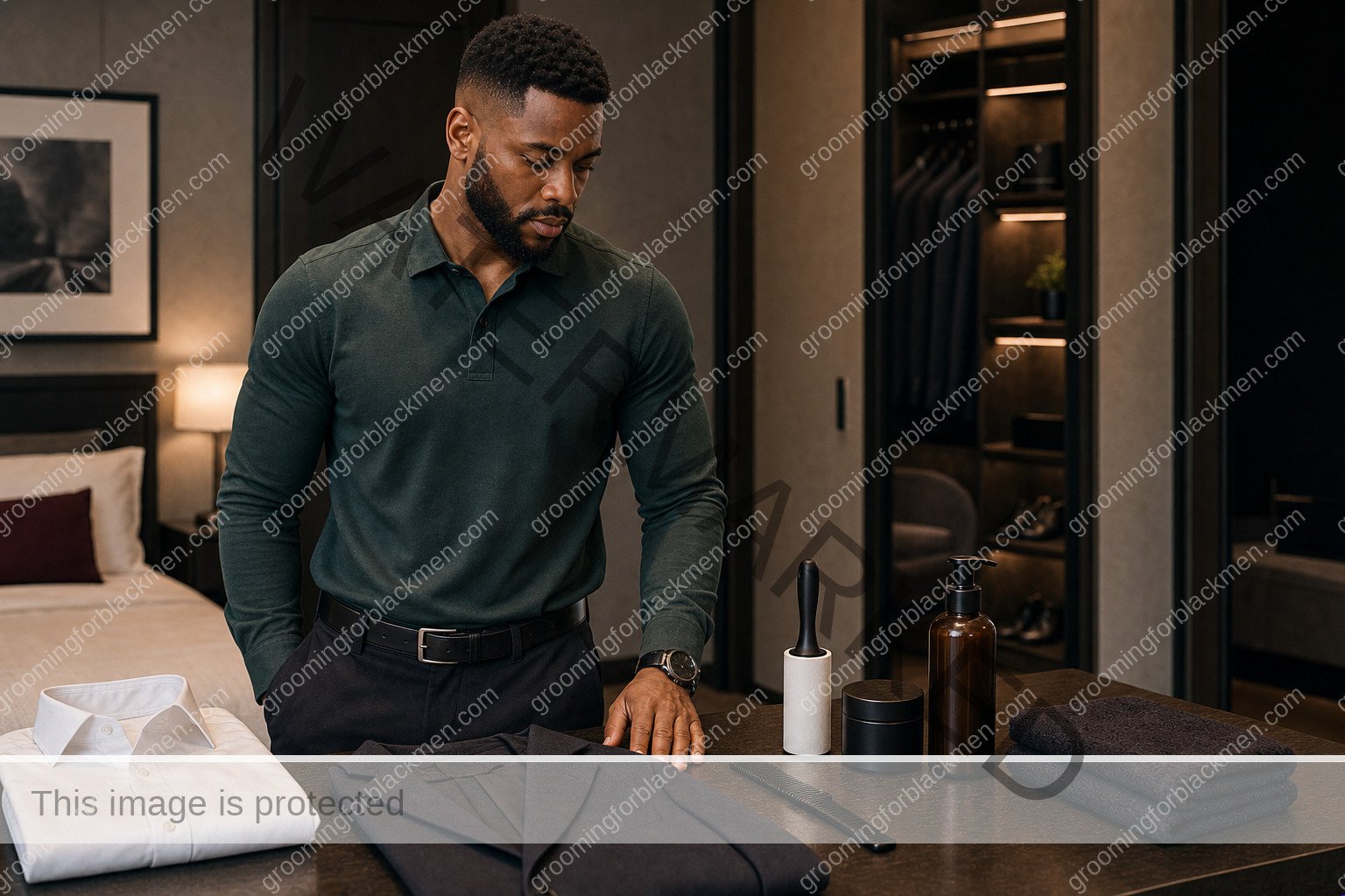 Black man organizing grooming products and tools before a interview grooming routine