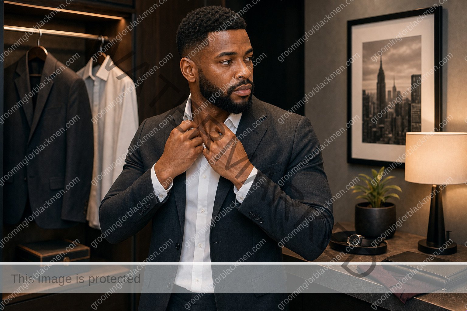 Black man using a realistic interview grooming grooming step with careful technique