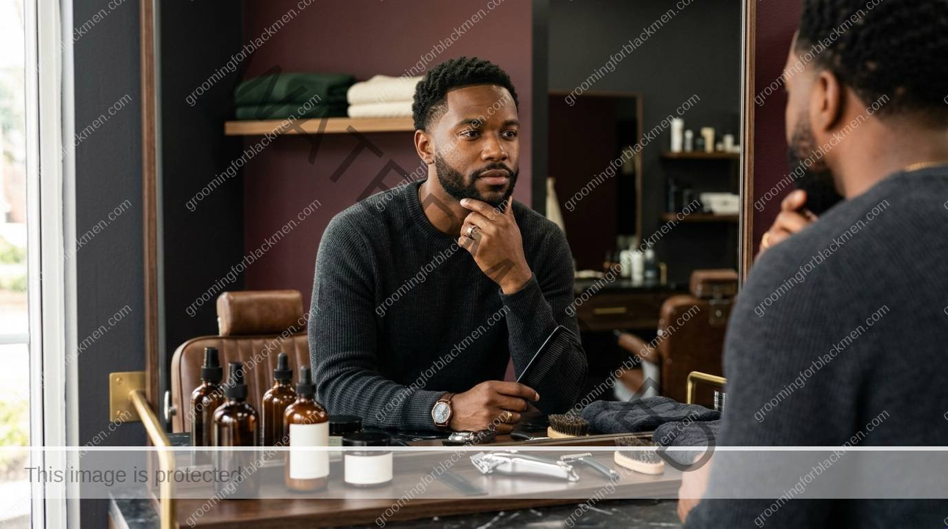 Black man with rich brown skin using monthly restock plan in a premium grooming setting