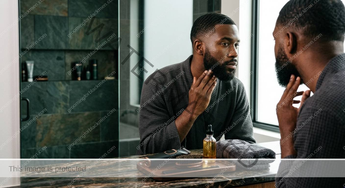 Black man organizing affordable grooming products before choosing what to keep