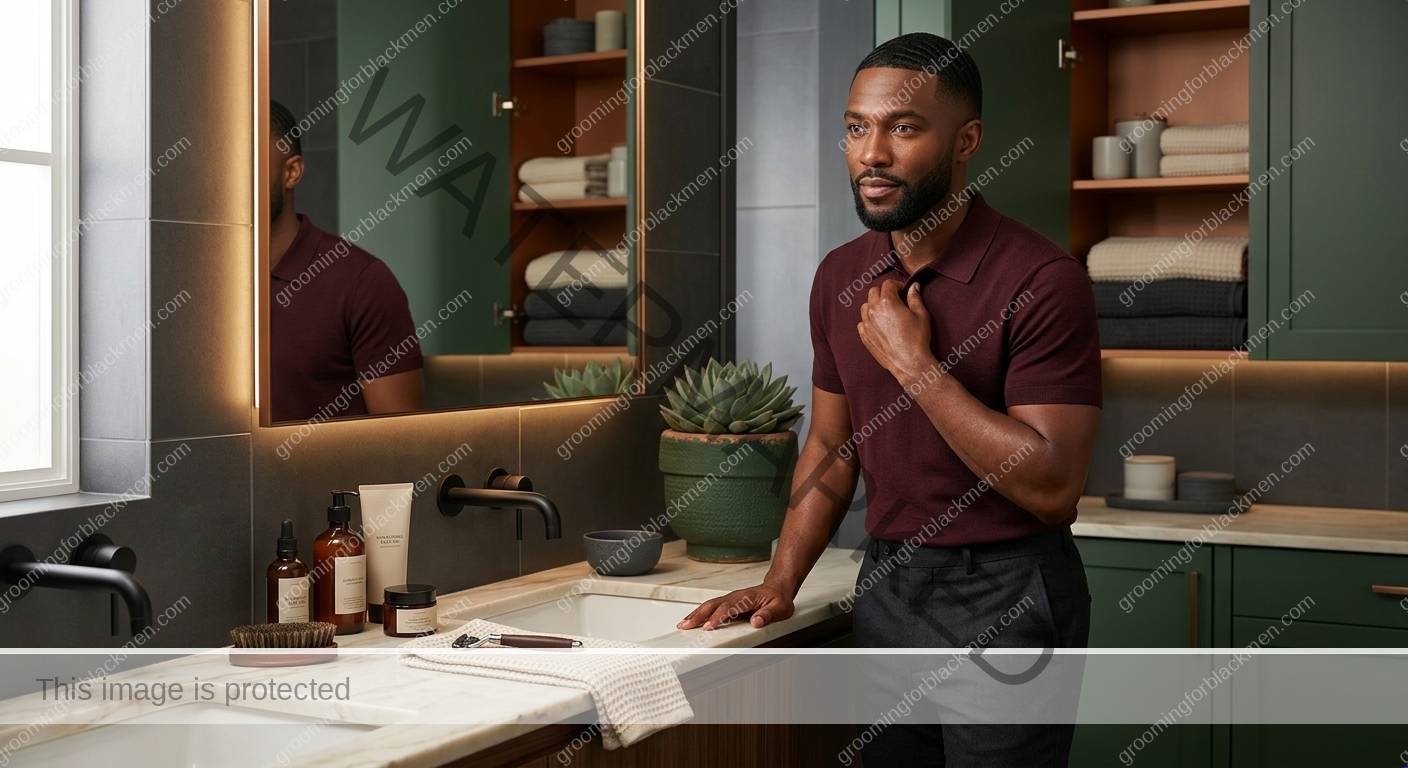 Black man with a calm finished monthly routine audit routine and realistic skin texture