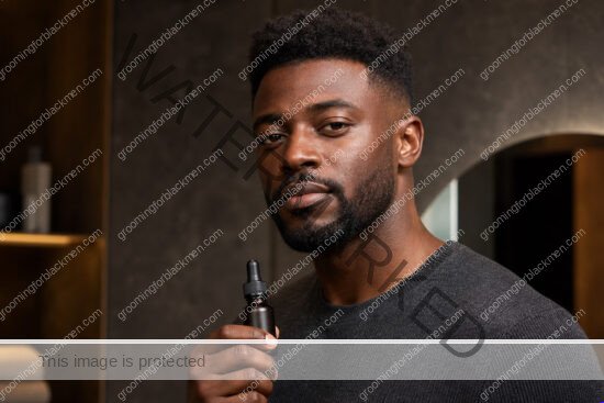 Black man beginning a niacinamide for Black men dark spots oil routine in a premium grooming setting