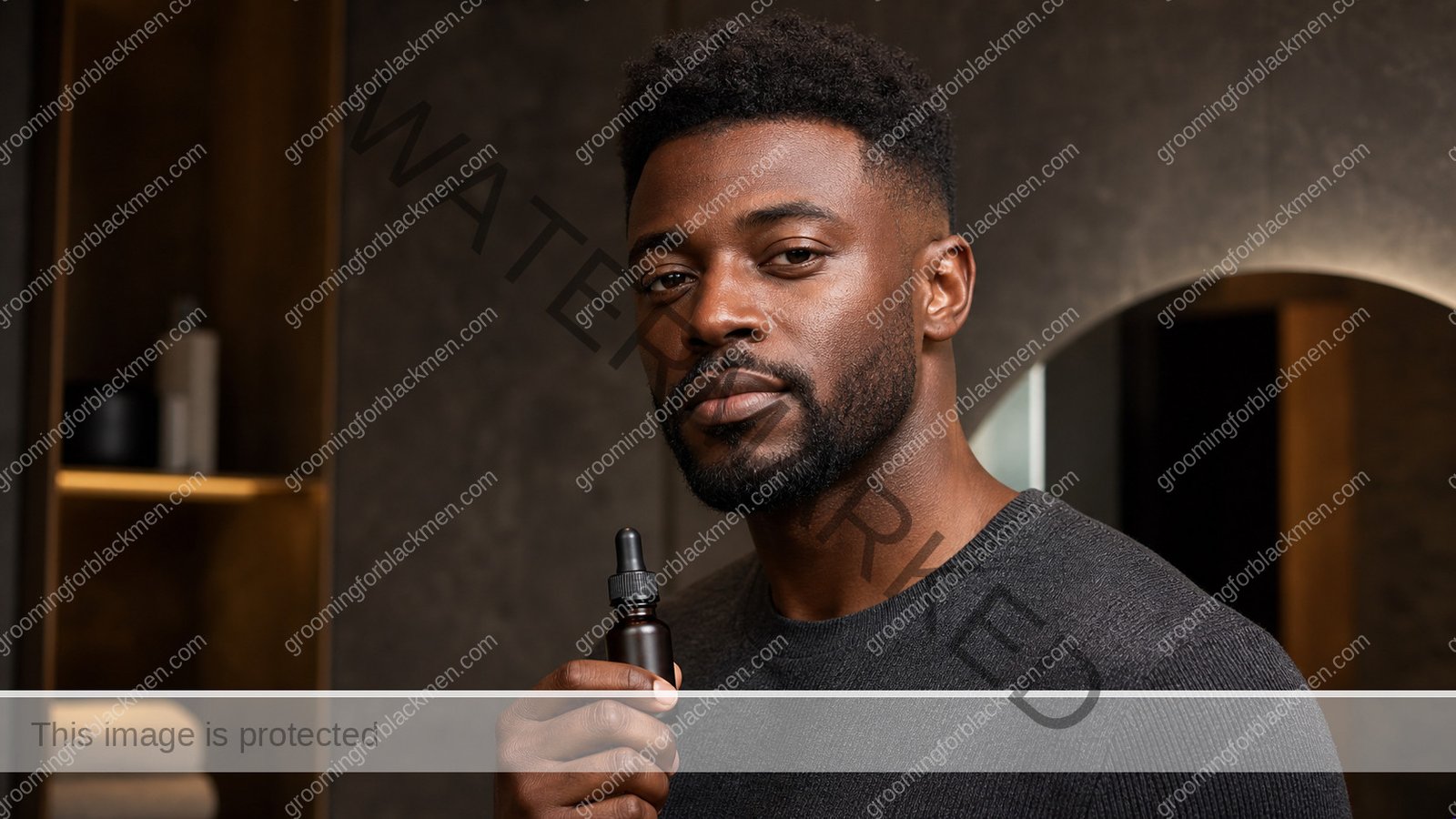 Black man beginning a niacinamide for Black men dark spots oil routine in a premium grooming setting