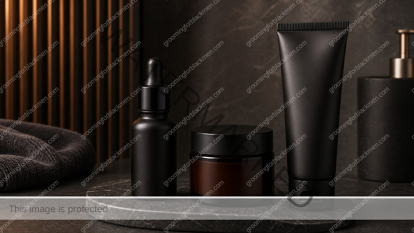 Unlabeled product types for a niacinamide routine for dark spots and visible oil arranged on a masculine vanity - Grooming For Black Men