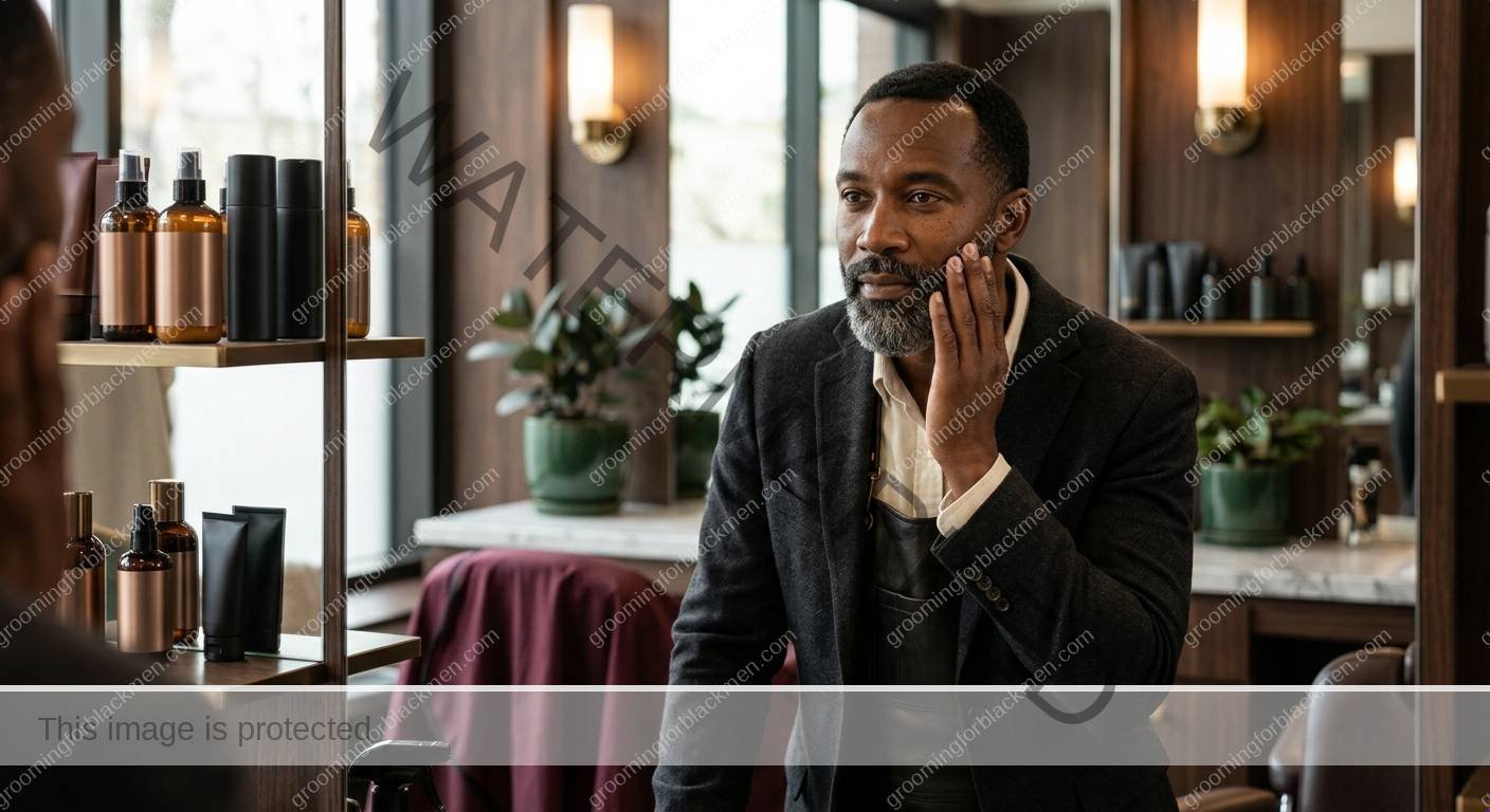 Black man reviewing professional grooming choices in a clean grooming setup