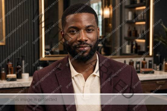 Black man with rich brown skin in a professional grooming studio, polished beard and haircut, hands out of frame
