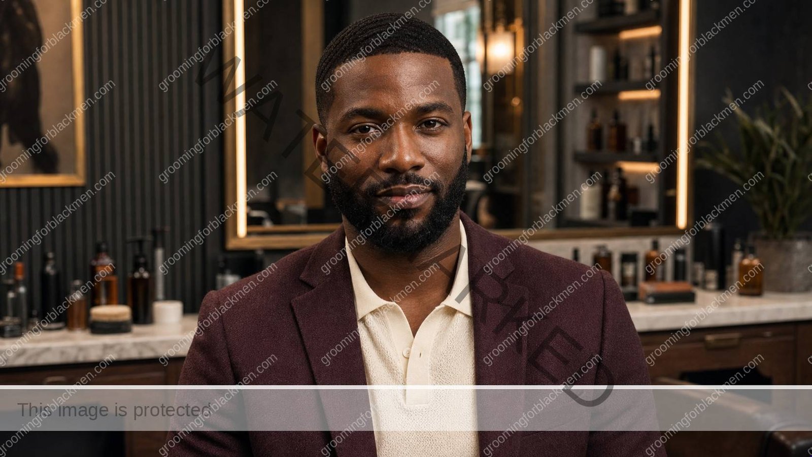 Black man with rich brown skin in a professional grooming studio, polished beard and haircut, hands out of frame