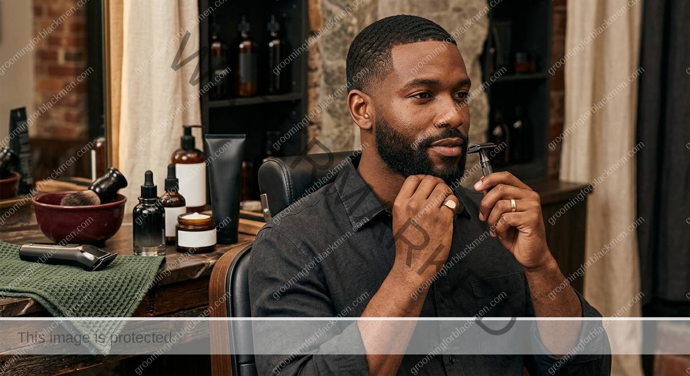 Affordable grooming tools and product categories for Black men arranged cleanly
