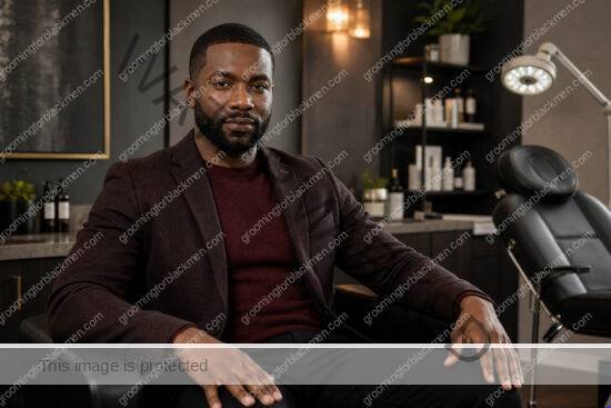 Black man seated in a premium dermatology consultation room for professional skin treatment guidance