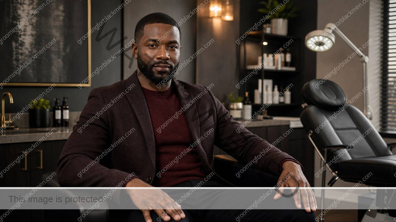 Black man seated in a premium dermatology consultation room for professional skin treatment guidance