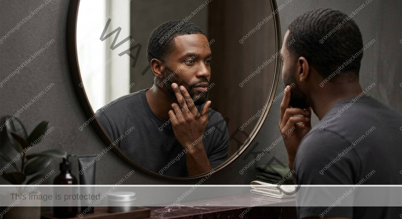 Black man with rich brown skin taking a consistent skincare progress photo
