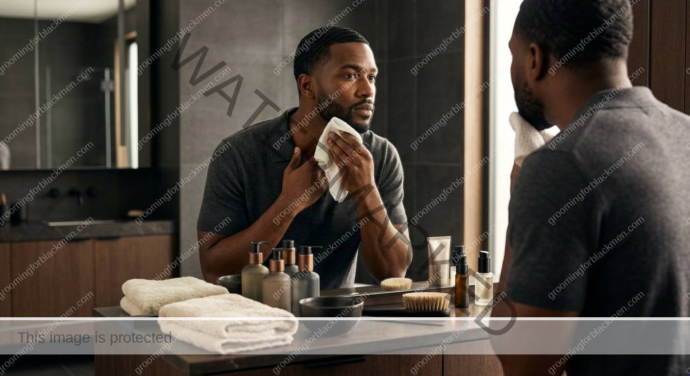 Black man checking a simple skincare progress log on his phone