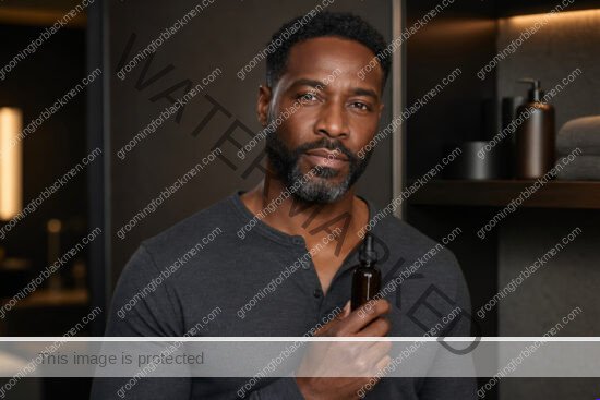 Black man beginning a retinol for Black men over 30 anti-aging routine in a premium grooming setting