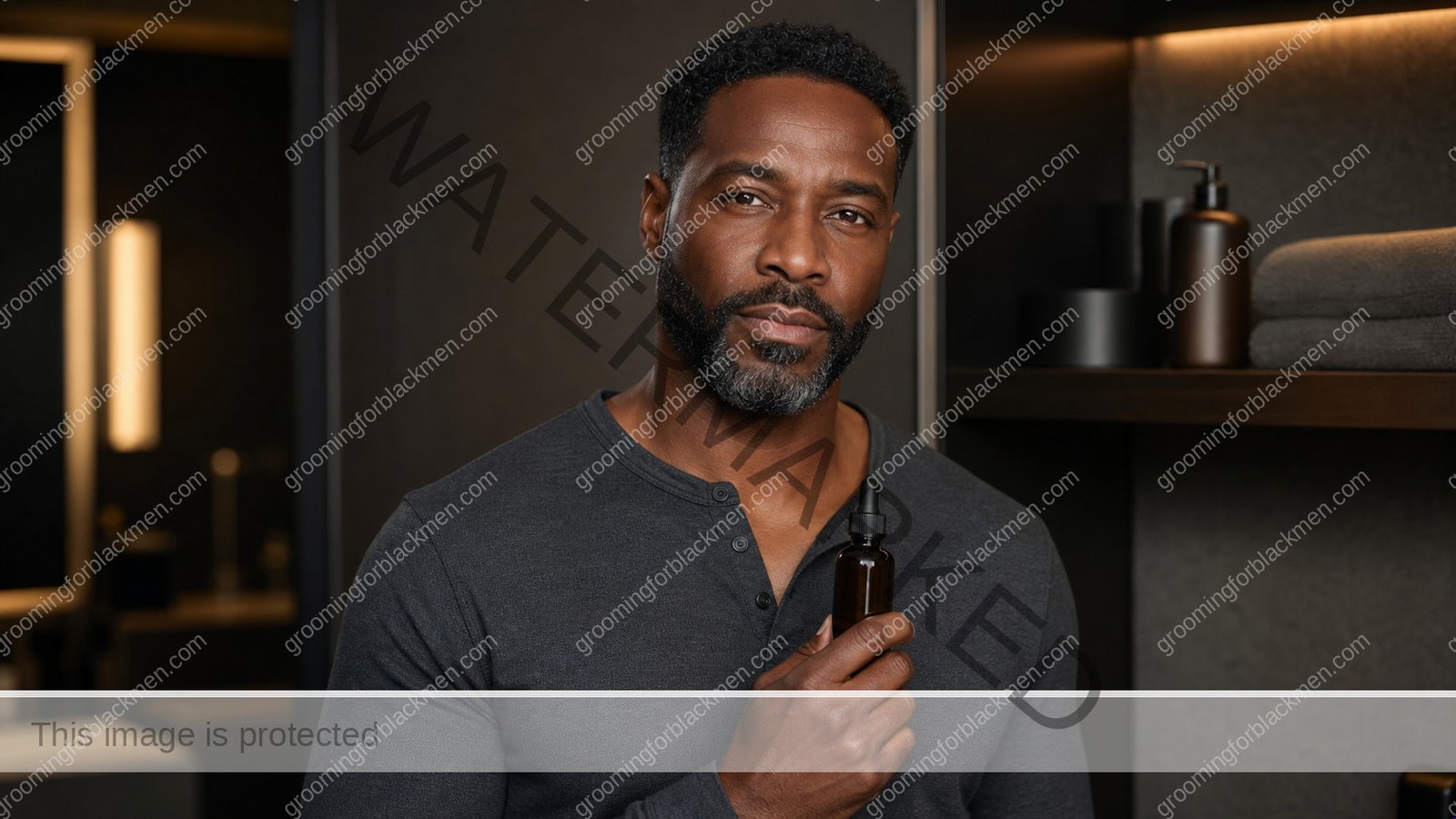 Black man beginning a retinol for Black men over 30 anti-aging routine in a premium grooming setting
