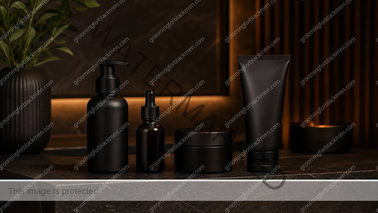 Unlabeled product types for a beginner retinol routine after age 30 arranged on a masculine vanity - Grooming For Black Men
