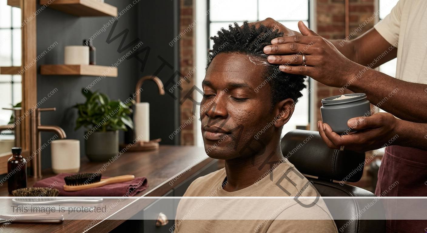 Black man grooming routine image for Scalp Exfoliation for Black Men: Practical Grooming Guide