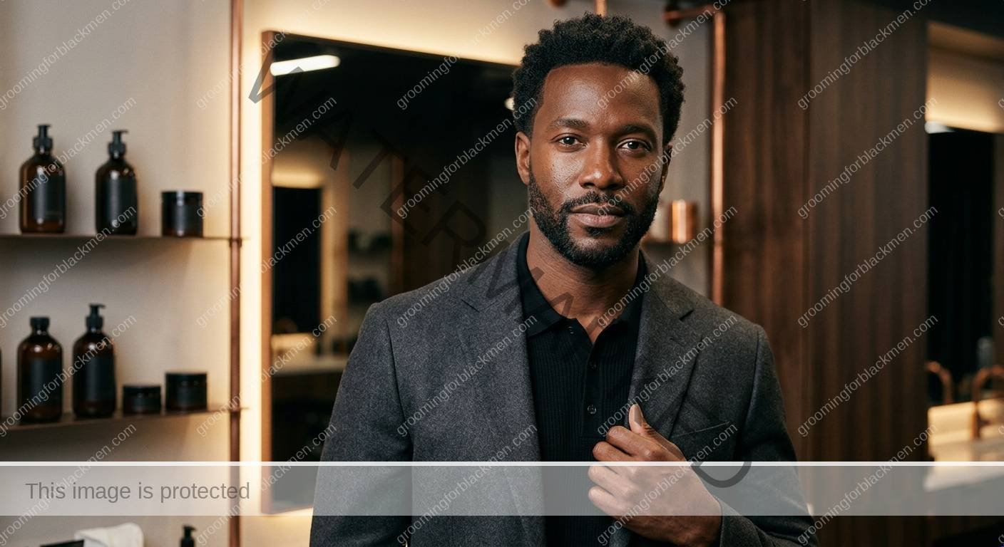 Black man organizing sunscreen moisturizer hat and grooming tools for seasonal routine