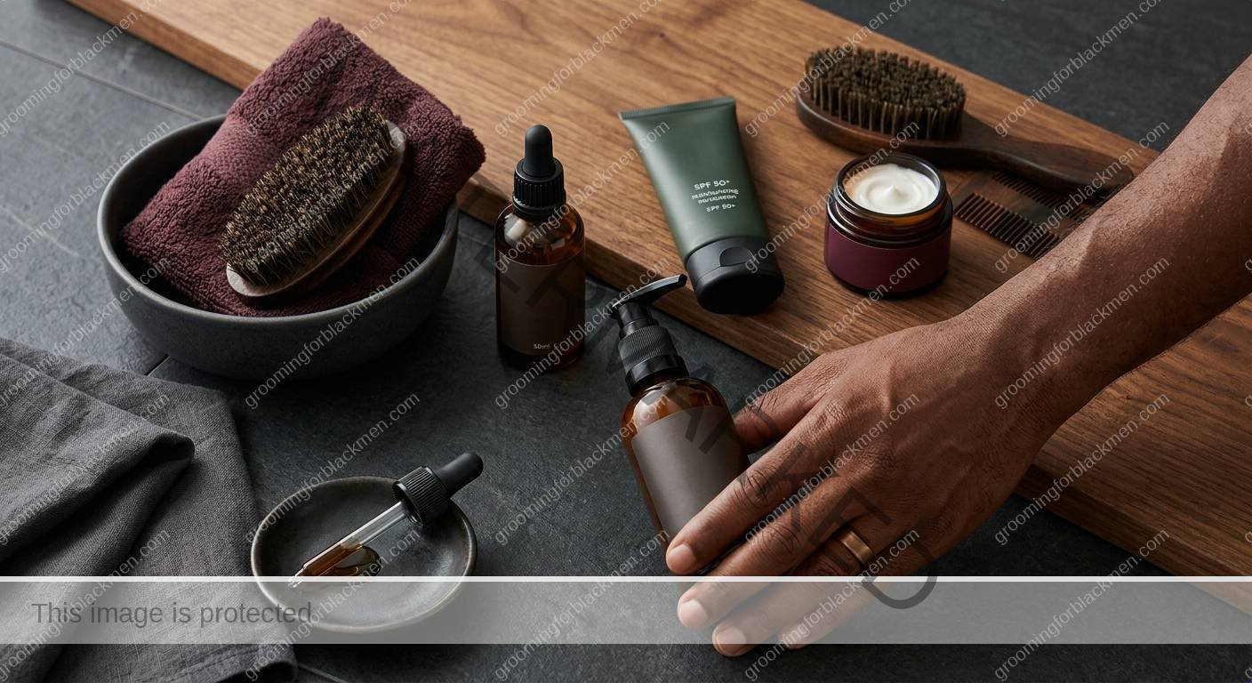 Sunscreen moisturizer hat and grooming products arranged for Black men's seasonal sun protection