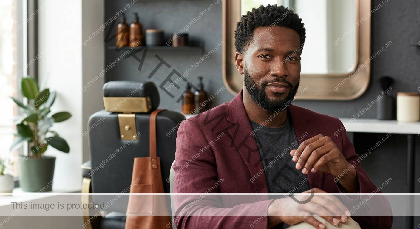 Black man organizing gentle skincare and shaving products for sensitive skin