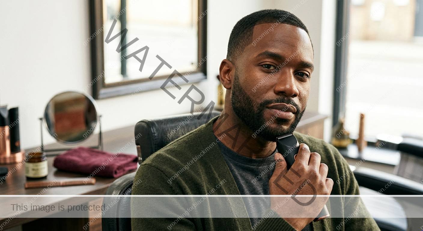 Black man grooming routine image for Short Beard Maintenance for Black Men: Practical Grooming Guide