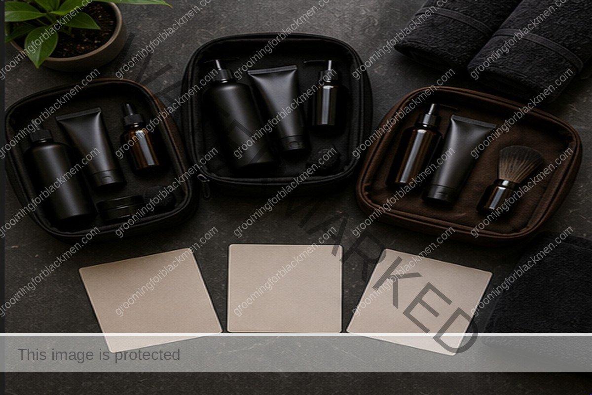 Affordable grooming tools and product categories for Black men arranged cleanly
