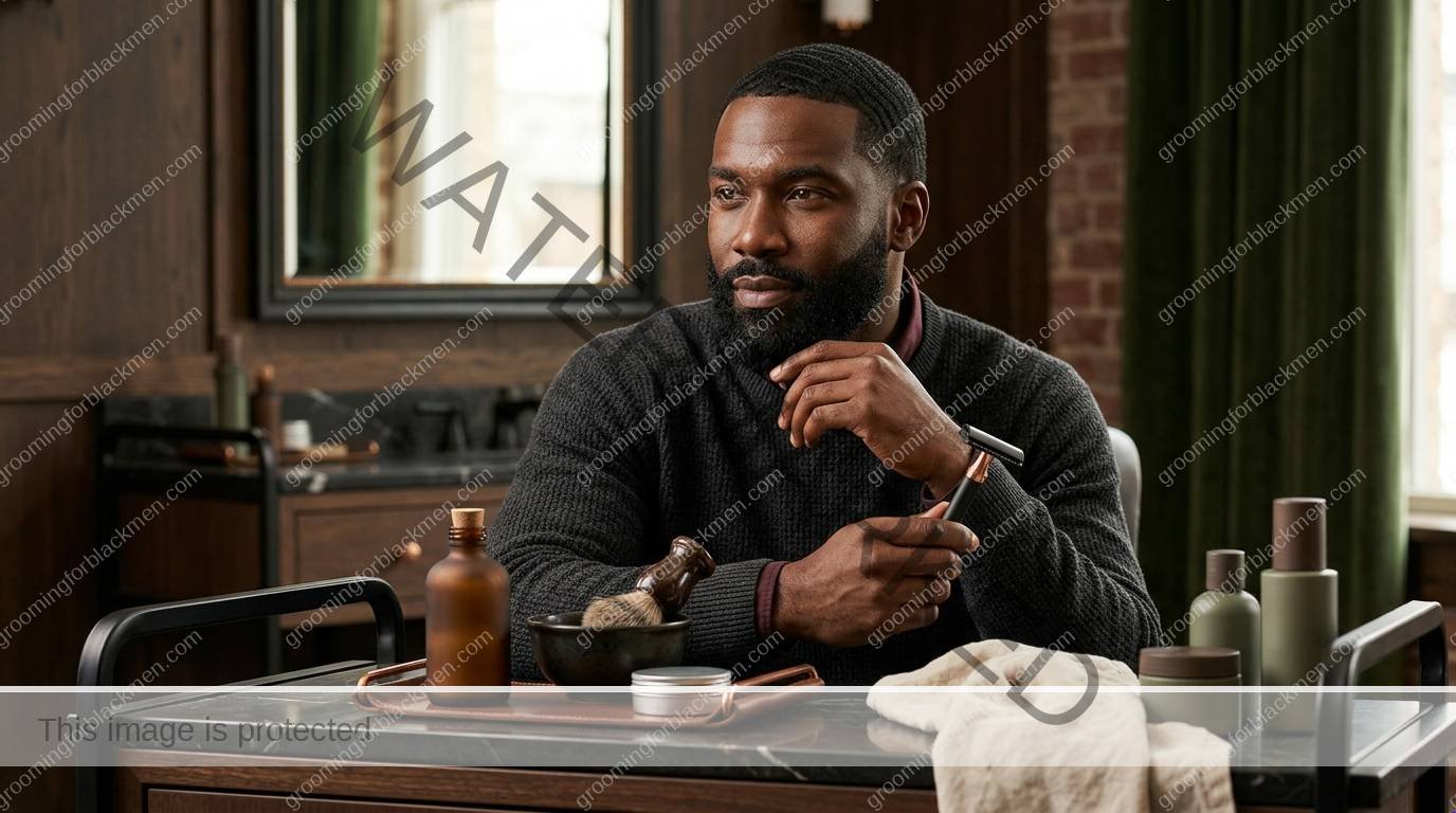 Black man reviewing starter kit choices in a clean grooming setup